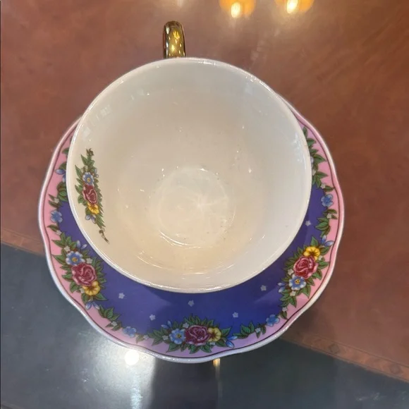 Purple and Gold Cat Teacup and Saucer Drinkware
